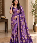 Purple Color Zari Weveing Work Georgette Saree