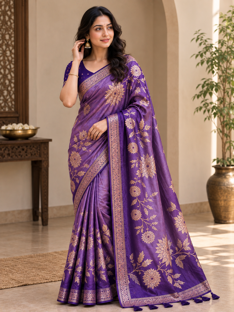 Purple Color Zari Weveing Work Georgette Saree