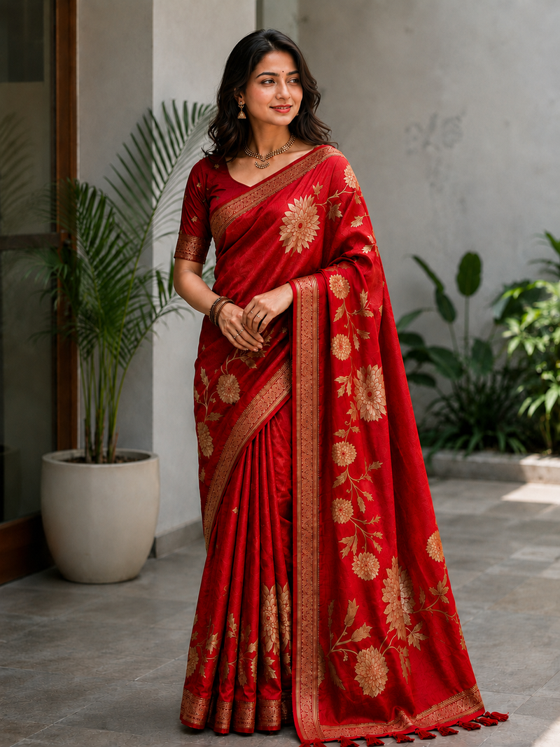 Reed Color Zari Weveing Work Georgette Saree