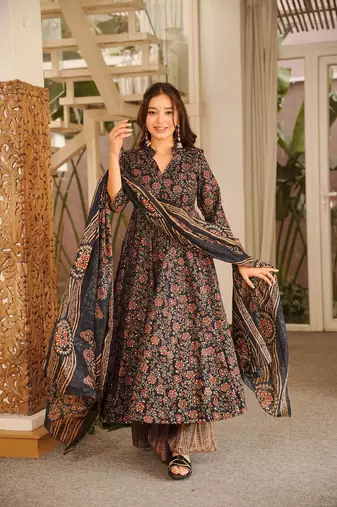 Black maslin digital printed wedding party festival casual ready anarkali palazzo pant salwar kameez