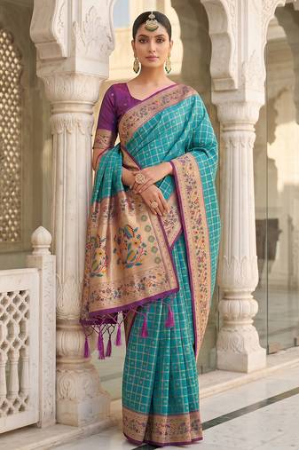blue banarasi silk blend saree with blouse