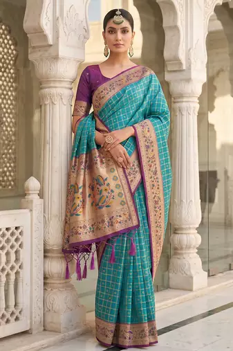 blue banarasi silk blend saree with blouse