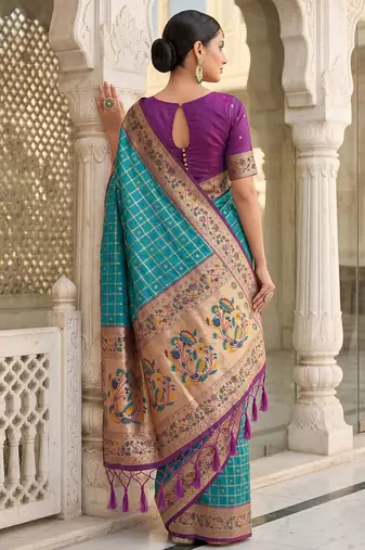 blue banarasi silk blend saree with blouse