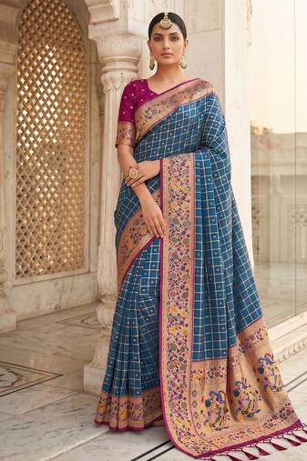 navy blue banarasi silk blend saree with blouse