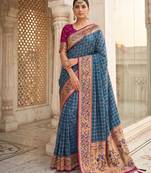 navy blue banarasi silk blend saree with blouse