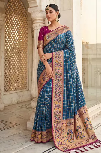 navy blue banarasi silk blend saree with blouse