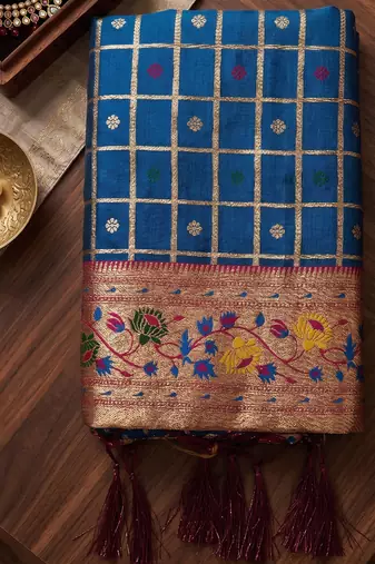 navy blue banarasi silk blend saree with blouse