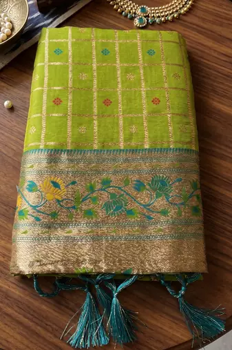 green banarasi silk blend saree with blouse