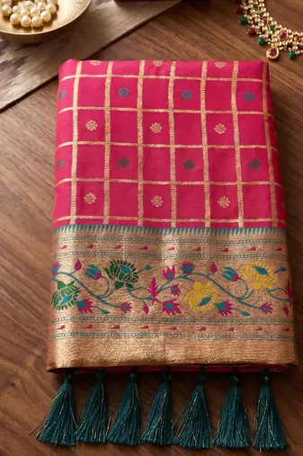 pink banarasi silk blend saree with blouse