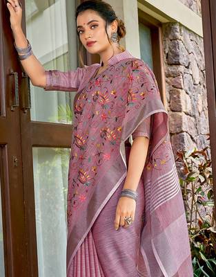 mauve linen saree with blouse 2