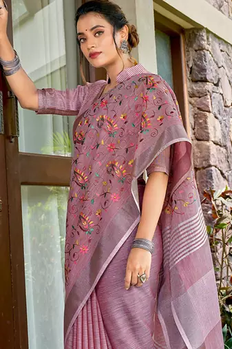 mauve linen saree with blouse