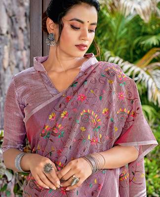 mauve linen saree with blouse 3