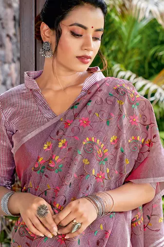 mauve linen saree with blouse