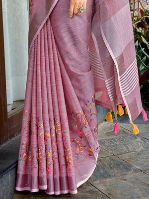 mauve linen saree with blouse 4