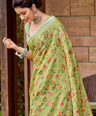 olive linen saree with blouse 2