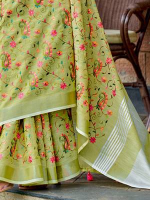 olive linen saree with blouse 3