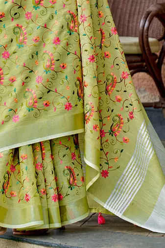 olive linen saree with blouse
