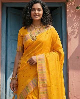 yellow silk blend saree with blouse 2