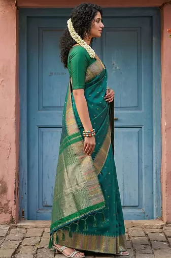 dark green silk blend saree with blouse