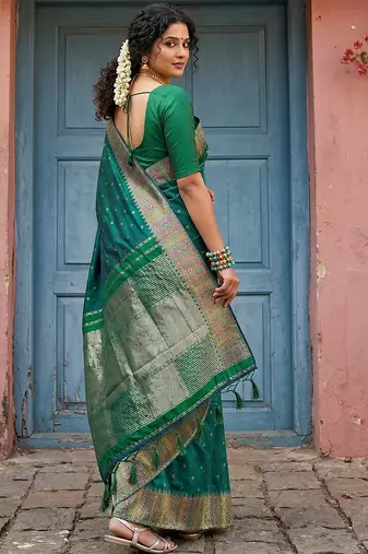 dark green silk blend saree with blouse