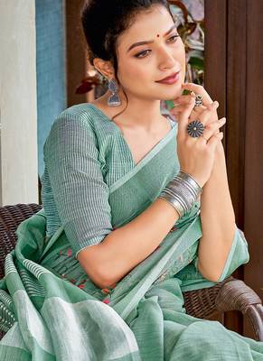 sea green linen saree with blouse 2