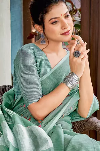 sea green linen saree with blouse