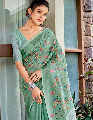 sea green linen saree with blouse 3
