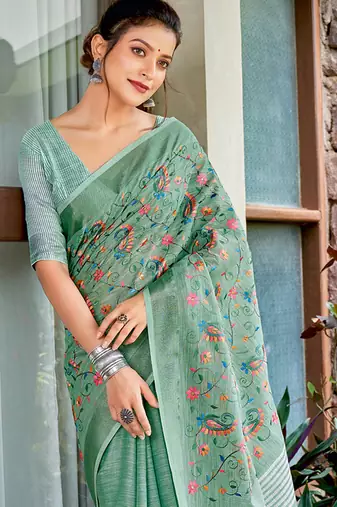 sea green linen saree with blouse