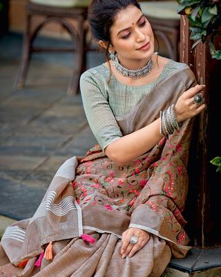 brown linen saree with blouse 3