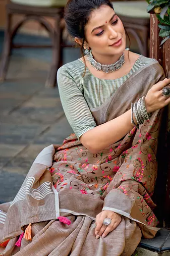brown linen saree with blouse