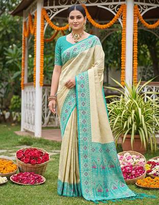 sky blue silk blend saree with blouse 1