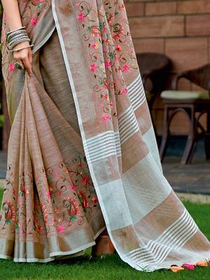 brown linen saree with blouse 4