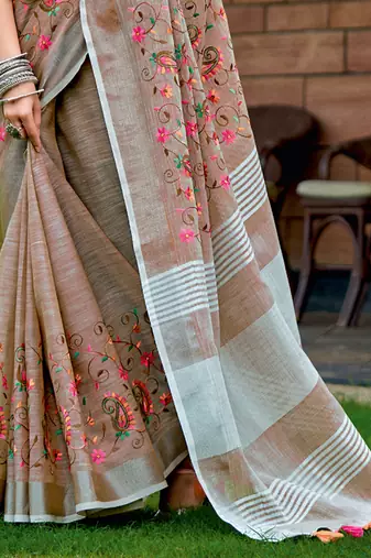 brown linen saree with blouse