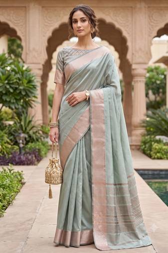Kavindi women's cotton silk solid print with golden woven border saree with blouse