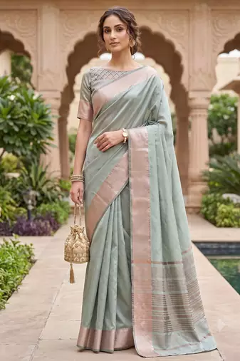 Kavindi women's cotton silk solid print with golden woven border saree with blouse