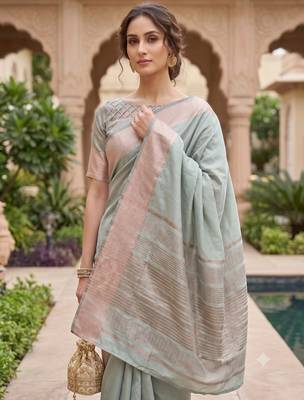 Kavindi women's cotton silk solid print with golden woven border saree with blouse 4