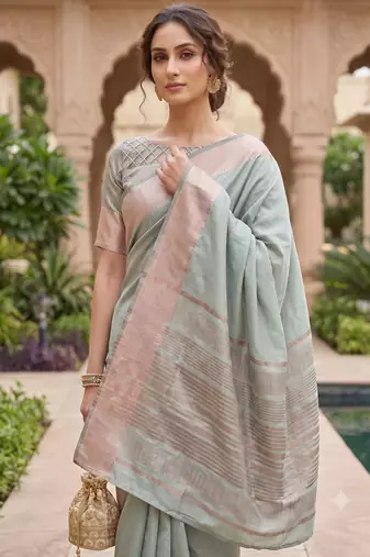 Kavindi women's cotton silk solid print with golden woven border saree with blouse