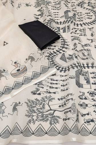 white printed work cotton blend saree