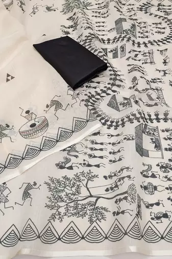 white printed work cotton blend saree