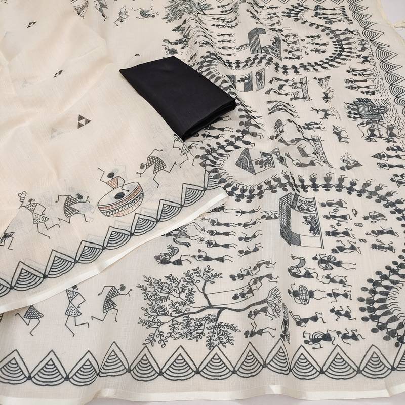 white printed work cotton blend saree