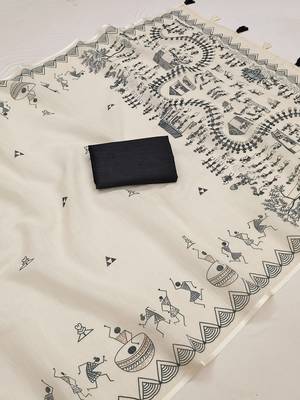 white printed work cotton blend saree 2