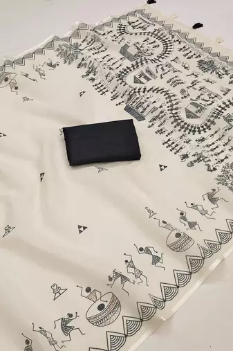 white printed work cotton blend saree