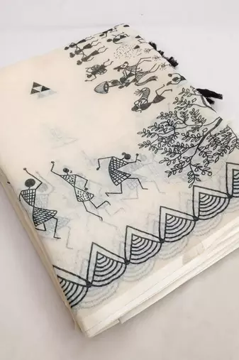 white printed work cotton blend saree
