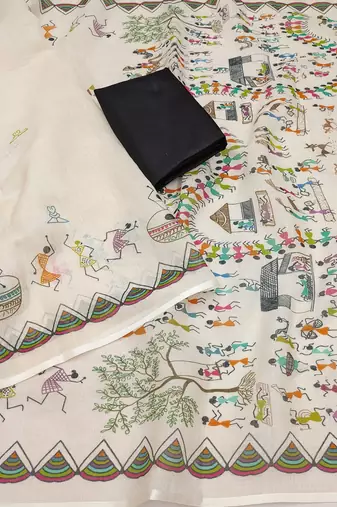 white printed work cotton blend saree