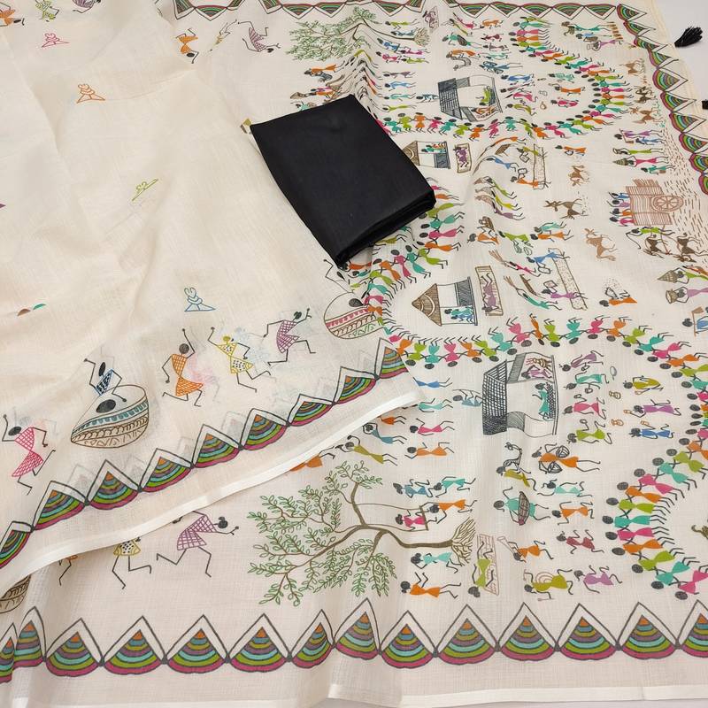 white printed work cotton blend saree