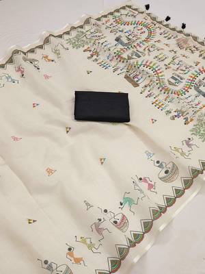 white printed work cotton blend saree 2