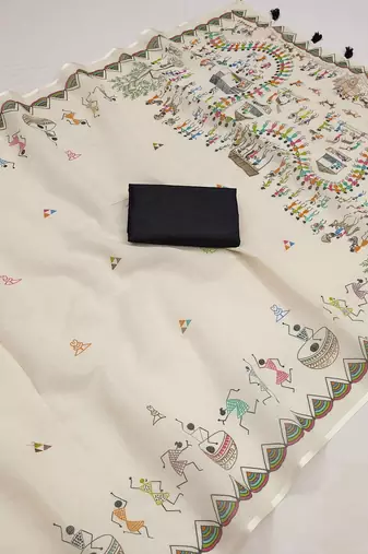 white printed work cotton blend saree