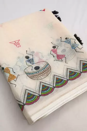 white printed work cotton blend saree