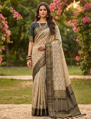 beige cotton blend saree with blouse 1