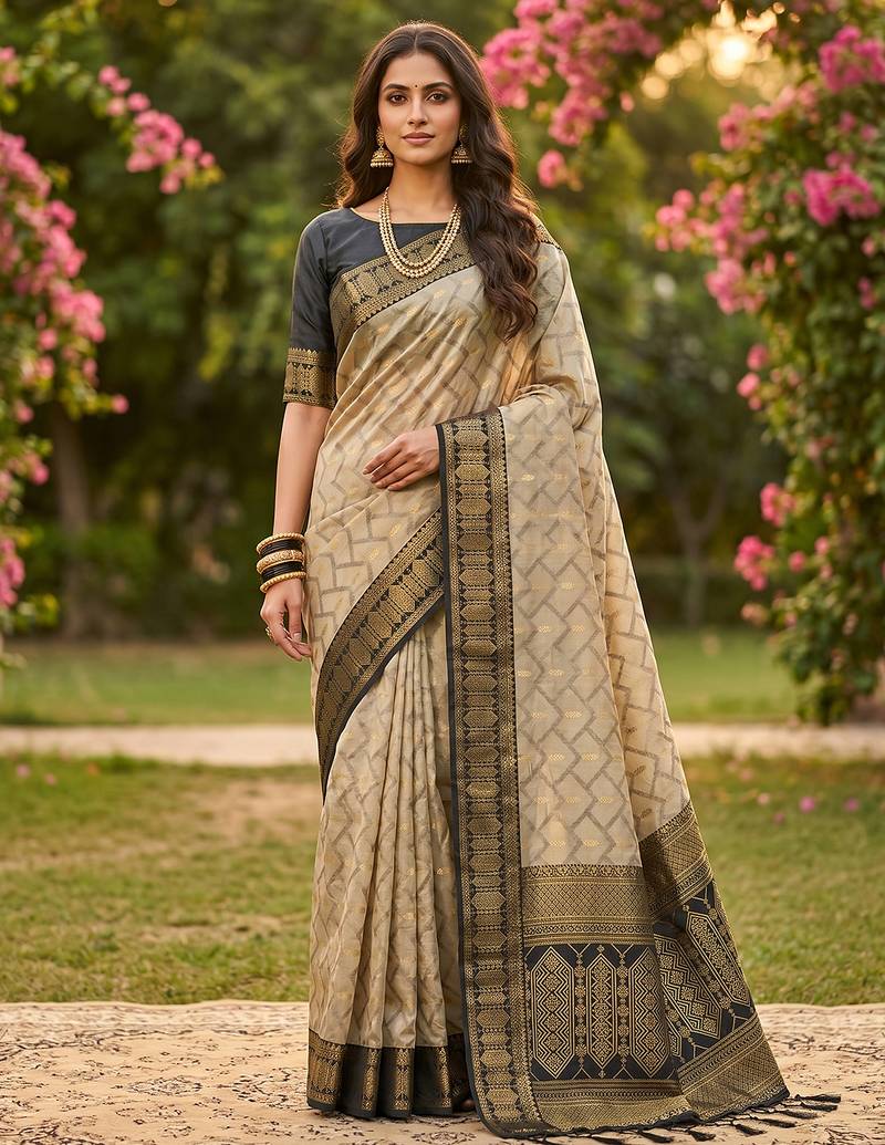 beige cotton blend saree with blouse